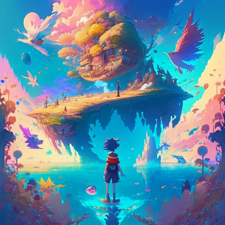 A vibrant, inspired illustration of a magical, dreamlike world, with floating islands, enchanting creatures, and a young protagonist embarking on a journey of self-discovery, evoking the imaginative and emotional storytelling found in anime,cinematic, 4k, high resolution, full details