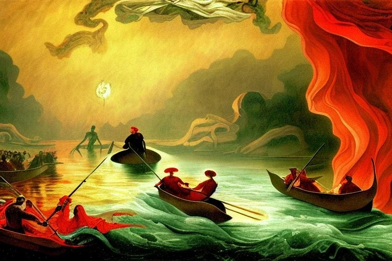 The mythical red River Styx leading to Hades and the Underworld, Charon, Impressionist painting, fine detail, high quality, masterpiece