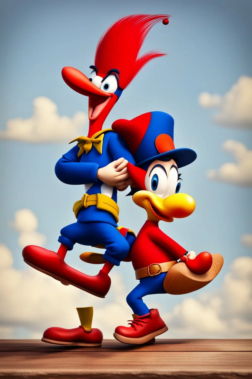 Woody woodpecker giving noddy a piggyback