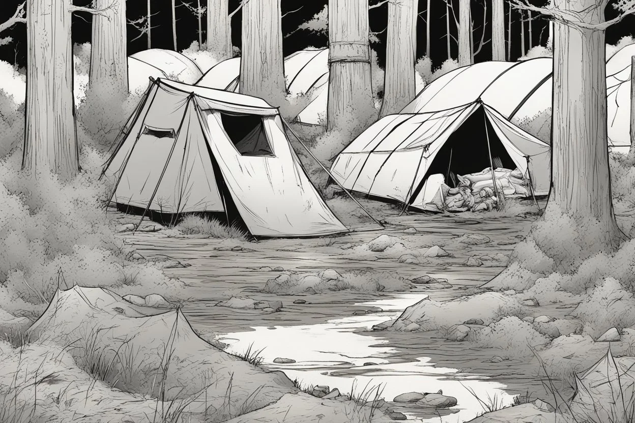 campsite, tents, overgrown, post-apocalyptic, comic book, forest