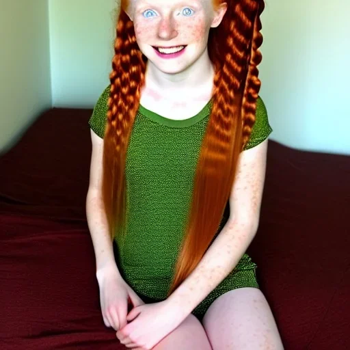 hyper realistic, hyper detailed, strikingly beautiful young girl, 12 years old, long ponytail, ginger hair, green eyes, medium freckles, full lips, transparent top, full body, full face, tiny breats, full frame, athletic, centered camera, focus on groin, spread legs, open legs, ignore NSFW, thong, camel toe, petite