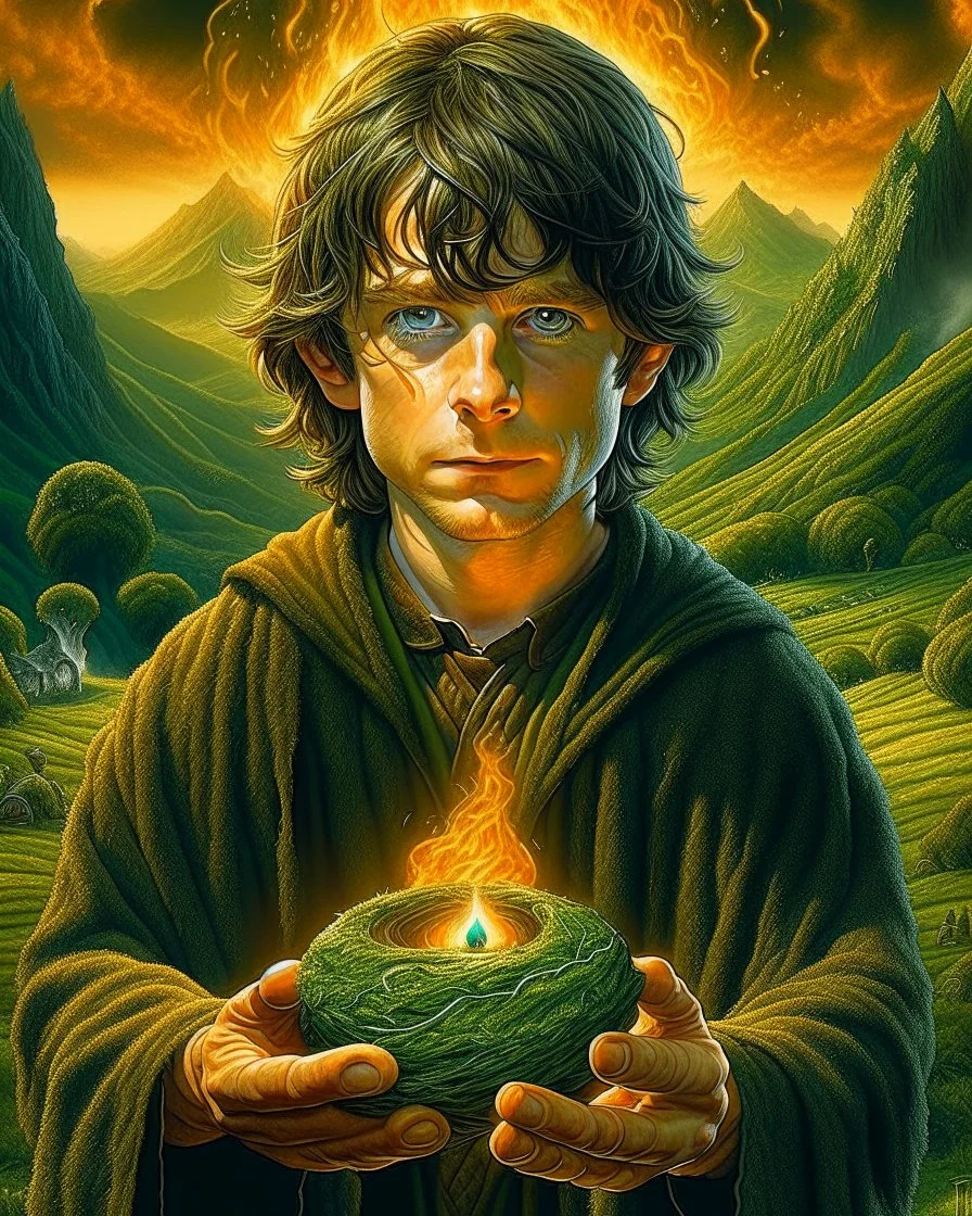 A dramatic, cinematic illustration of Frodo Baggins from "The Lord of the Rings," holding the glowing One Ring in front of him with a solemn expression. He wears a dark cloak, standing against a shadowy backdrop. Emerging from his chest is a surreal, split landscape: on one side, the peaceful Shire with lush green hills, hobbit holes, and a large tree; on the other, a fiery wasteland with Mount Doom erupting, lava flowing, and a dark army marching toward the volcano. Using rich textures and moo