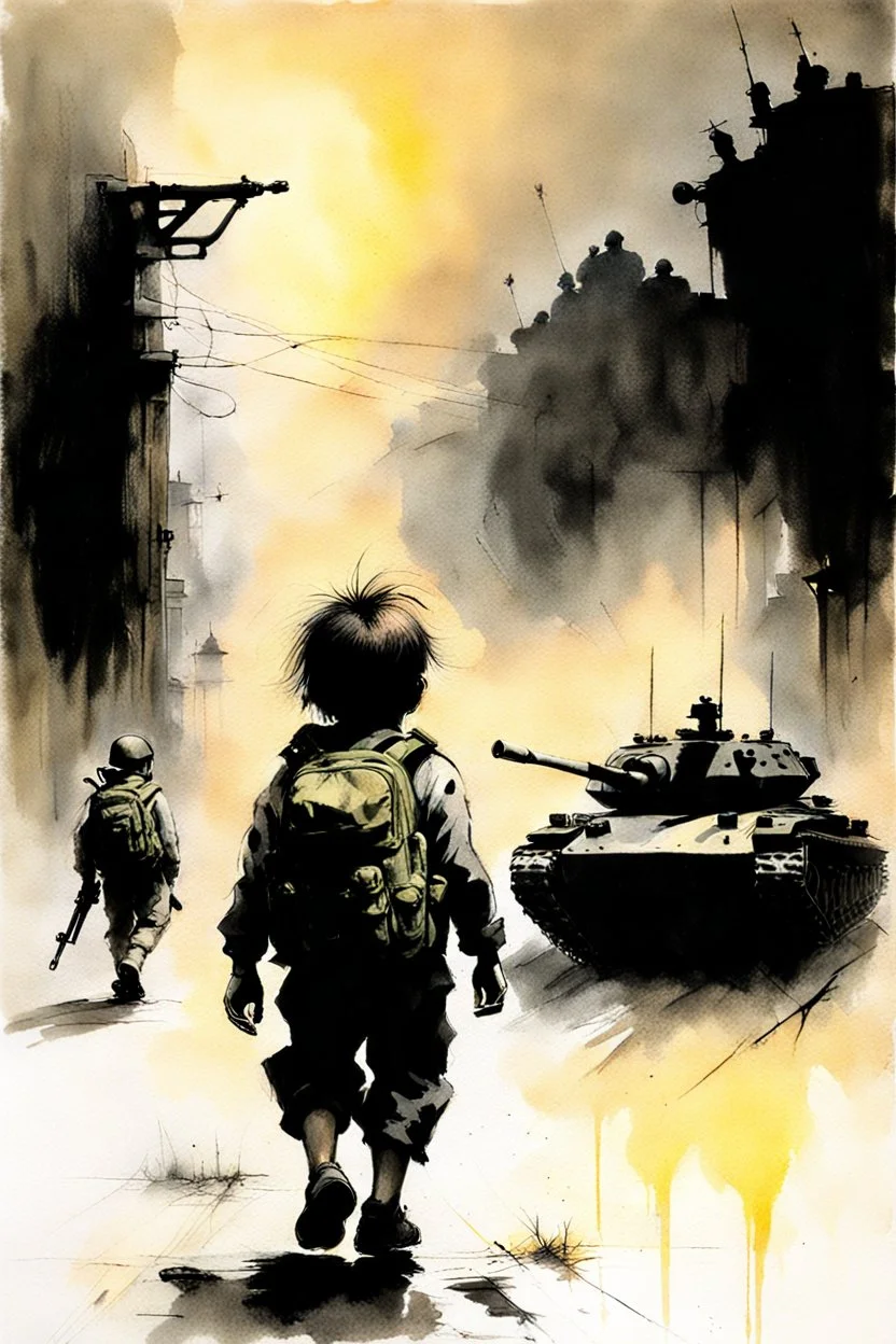 The nightmare small child having a bag pack walks in the streets, at war , a tank in the street with soldiers illustration by Stephen Gammell