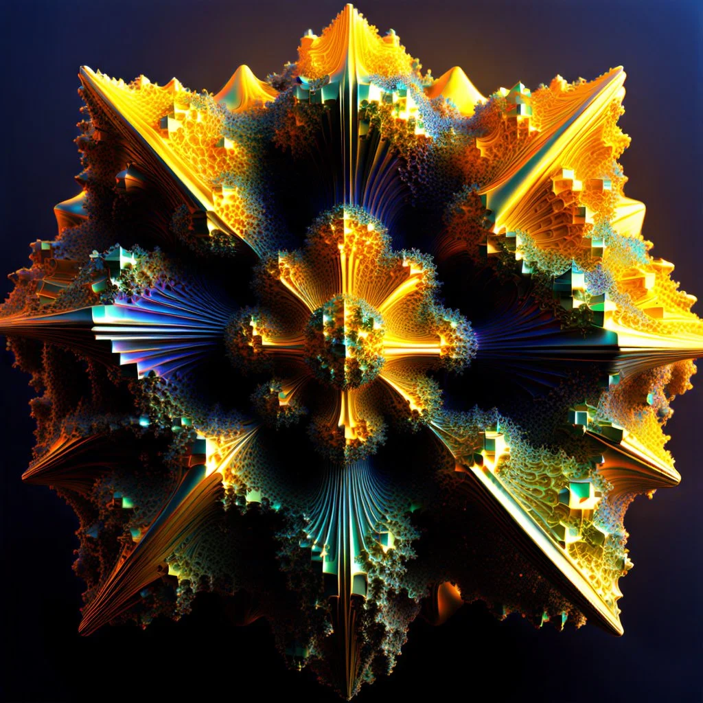 a mandelbulb 3d fractal made of small metallic random color cubes