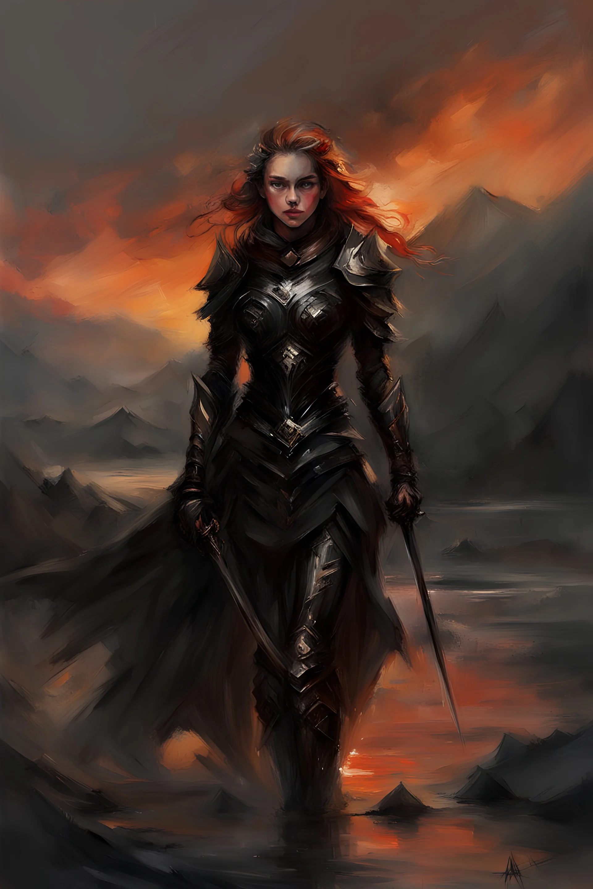 A formidable warrior girl in black armor, on the background Amazing gloomy landscape, flooded with sunset, mountains, trees, fabulous scary hero, , juicy emotions, painting, dark fantasy, gloomy day, dark world, portrait, by Anna Razumovskaya