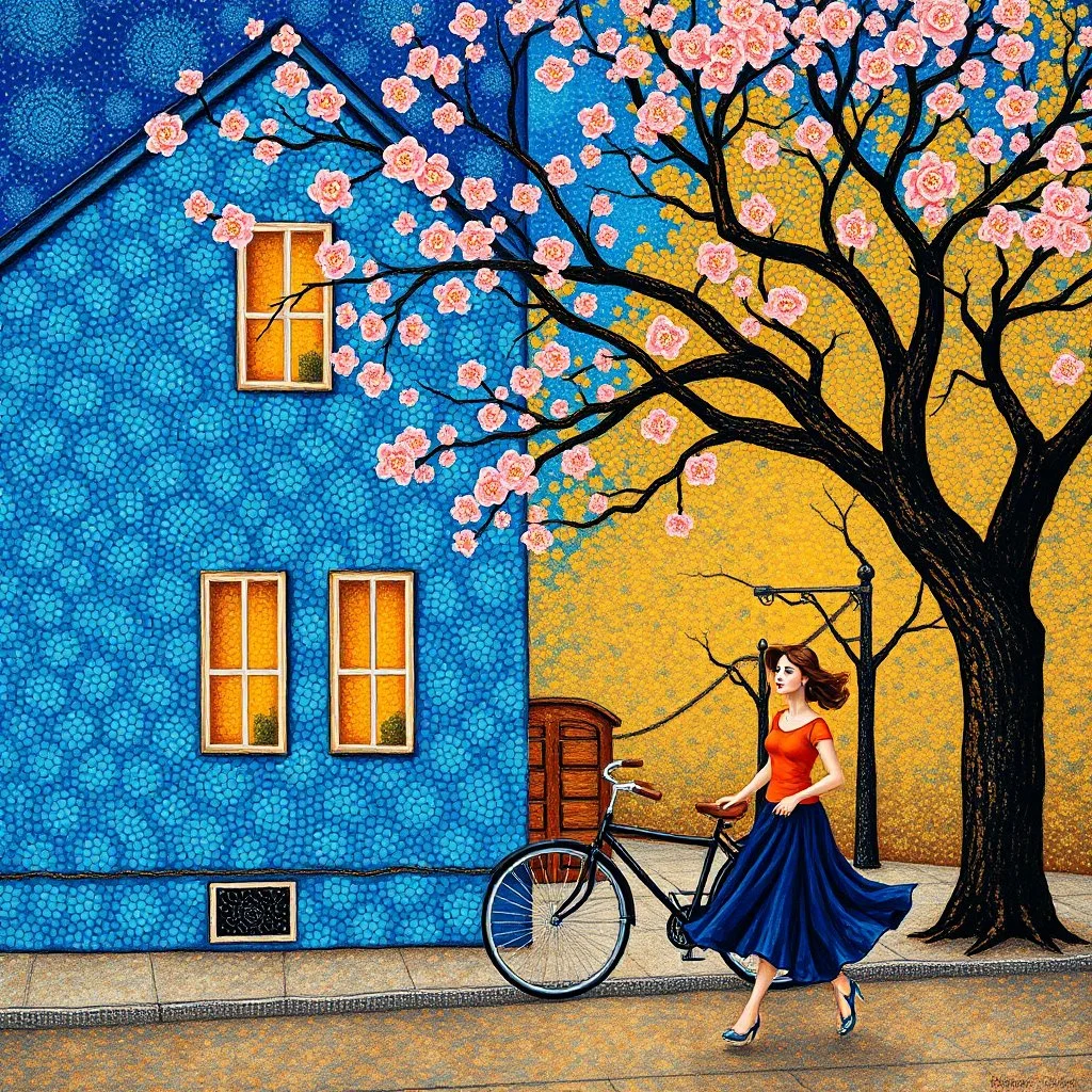 🔥 PROMPT: A pointillist painting in Klimt’s style depicting a dreamy street scene. A textured blue house with three windows stands as the focal point, its facade shimmering with intricate dots. A tree with twisting branches and pink blossoms extends overhead, blending with golden-hued foliage. A woman in an orange top and deep blue skirt walks beside her bicycle, lost in thought. Klimt-inspired patterns, stippled details, and a harmonious palette of blues, golds, and pinks create a luminous, no
