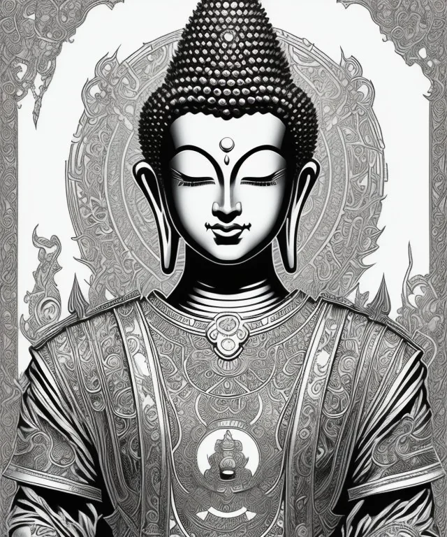 comic book line art, black and white, buddha, pencil and ink manga drawing, clean ink detailed line drawing