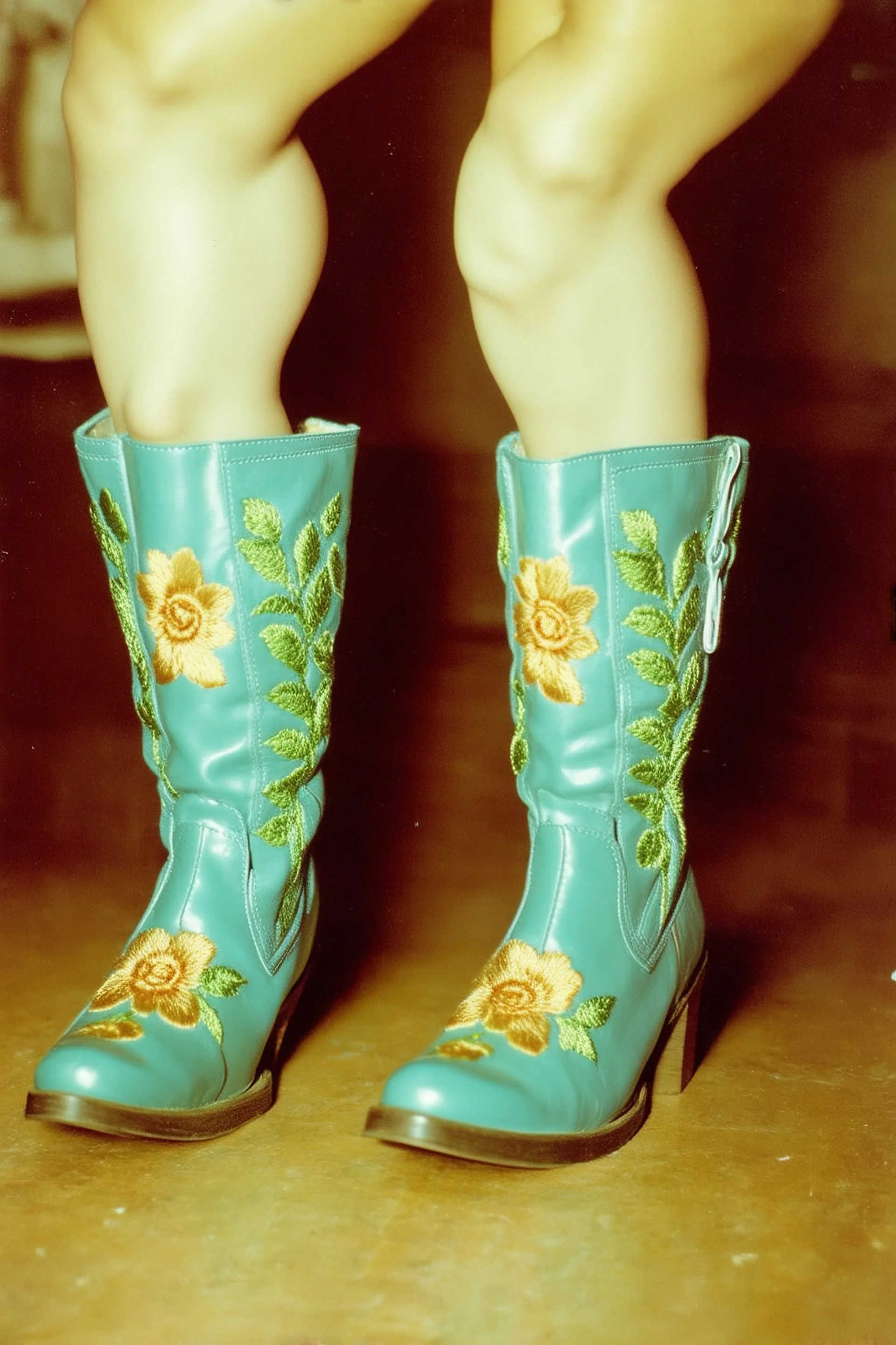 Embroidered Plastic boots, old autochrome
