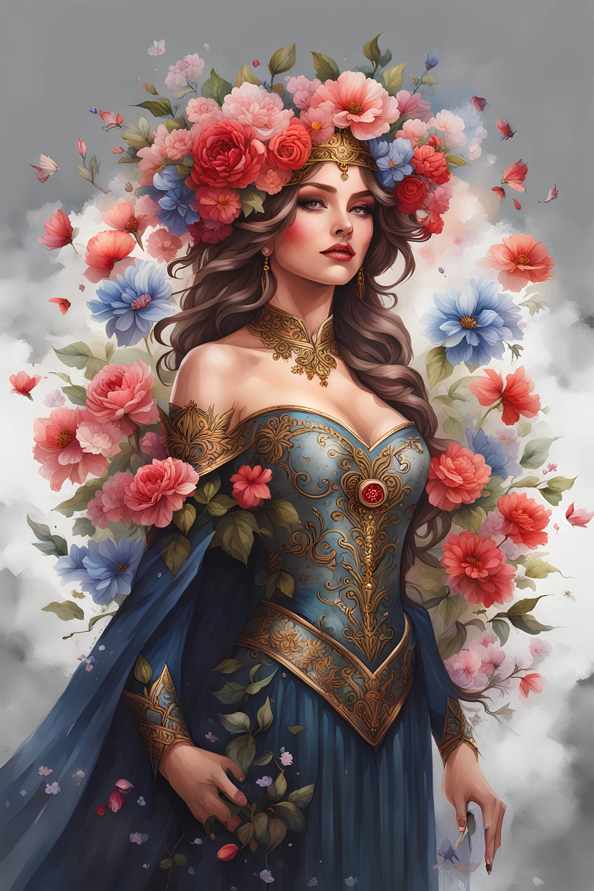 Pintura de Rayna Elfo coronada con flores, arte de tinta, calidad ultra, 8k, cuerpo completo