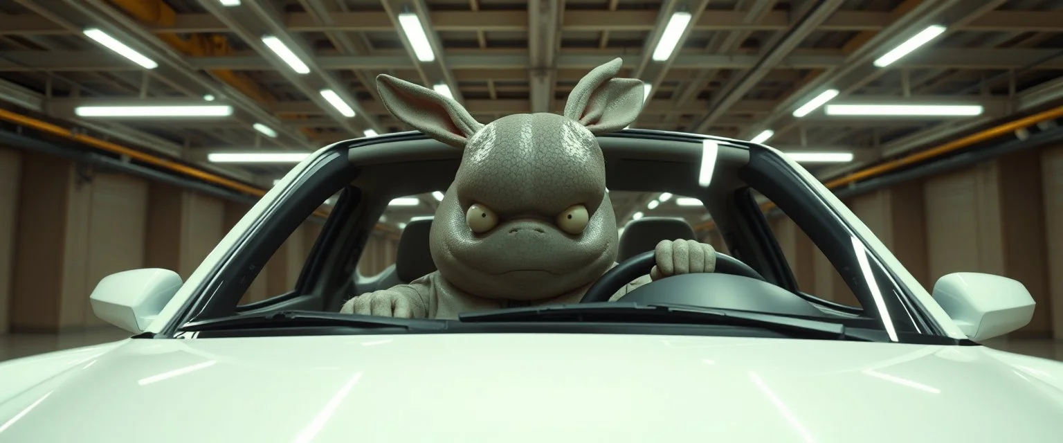 car driving happy 2d fluffy alien hippo bunny ogre man in the style of Escher and Giger and Fallout 4, pinhole cam, airbrush 3d rendering, on tv screen:A five-second cinematic single take in a clean industrial presentation hall.