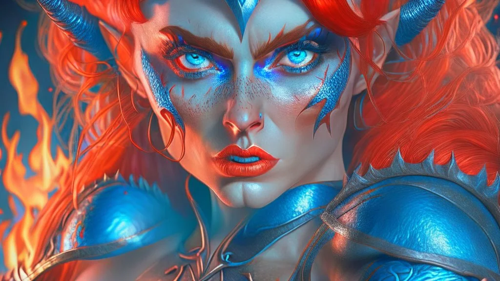 {devil elf} with {red} hair and with cute face, {fire}, blue eyes, skimpy leather clothes, stiletto heels, perfect composition, hyperrealistic, super detailed, 8k, high quality, trending art, trending on artstation, sharp focus, studio photo, intricate details, highly detailed, wide borders