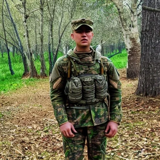 Soldier wearing tiger stripe camouflage standing in front of trees