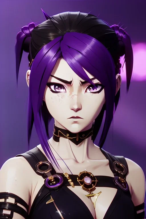 Detailed cute anime Kunoichi girl, purple hair buns, purple bangs, black latex bodysuit, intricate details, full body portrait, keep head in frame, slight smile, black Japanese motif, concept art, highly detailed, digital painting, concept art, sharp focus, illustration, art by Yoji Shinkawa, WLOP and greg rutkowski and alphonse mucha and artgerm and yanjun Chen and Junji ito and Makoto Shinkai, HDR, octane render