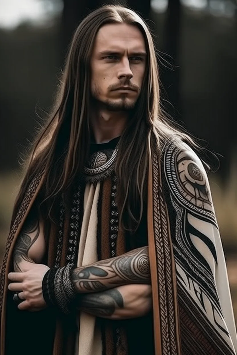 clean shaven long haired warrior with tribal tattoos and cloak