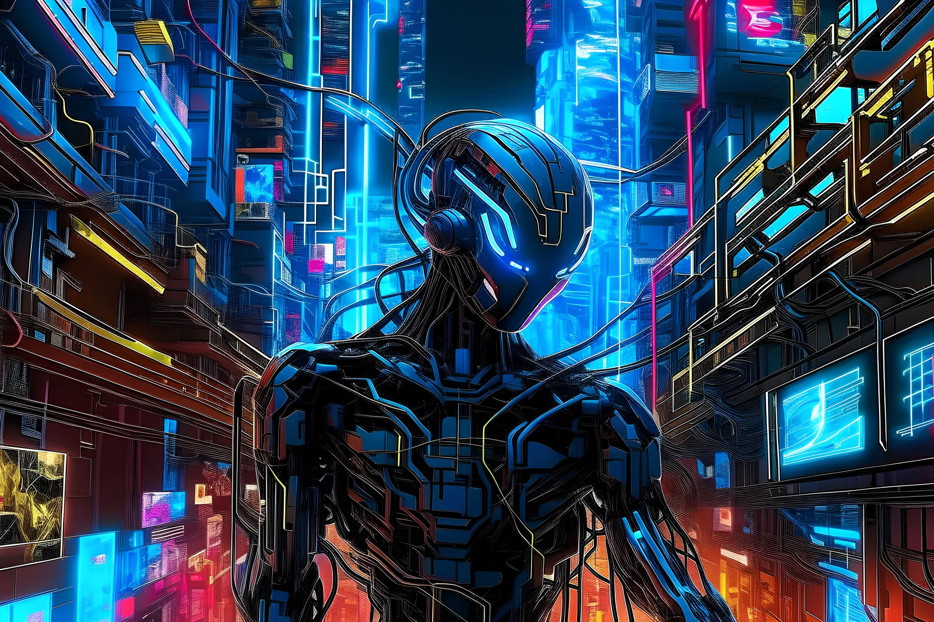 Poster of piercing AI entity bursting out of a wall of wires and technology. The art style is modern cyberpunk with a neon-lit cityscape background. 3d render