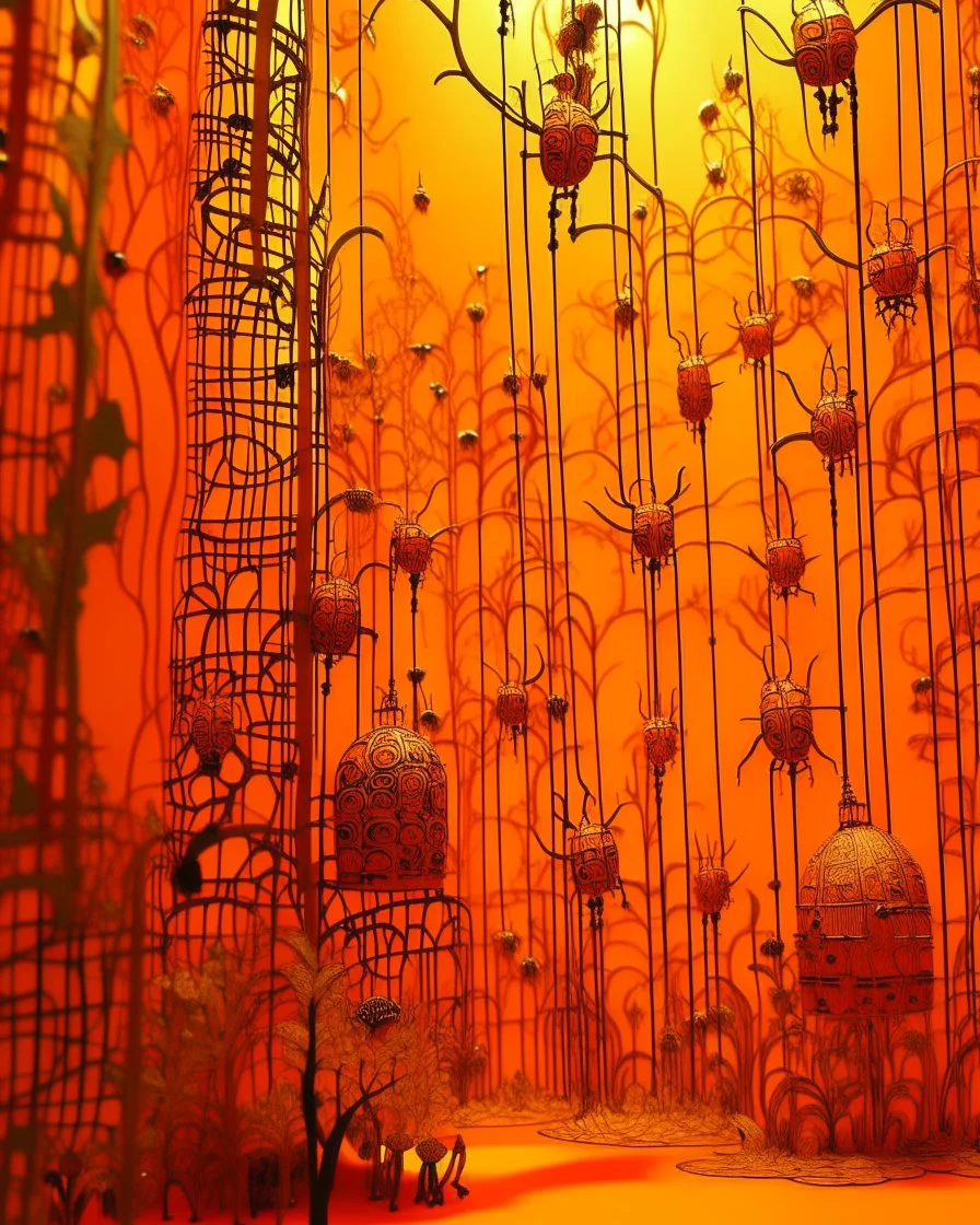 An orange colored metal forest with bugs designed in ancient Egyptian hieroglyphics painted by Gustav Klimt