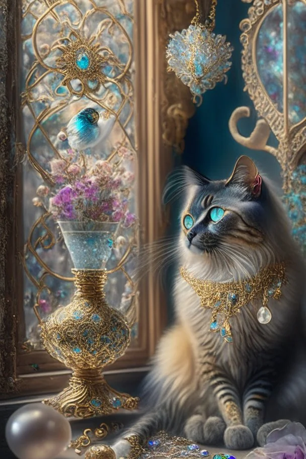 Mixture of a cat and a peacock old magical and intricate sparkling with gold and soft pastel colors surrounded by threads flower, stunning exquisite pearls and precious gem in an old but sunny shop with windows and flower vase all around no frame no watermarks sharp focus elegant extremely detailed Award winning photography studio lighting intricate oil on canvas cinematic lighting 4k very attractive beautiful award winning ultra detailed 4K 3D crisp quality Michelangelo focused Giuseppe Arcimb