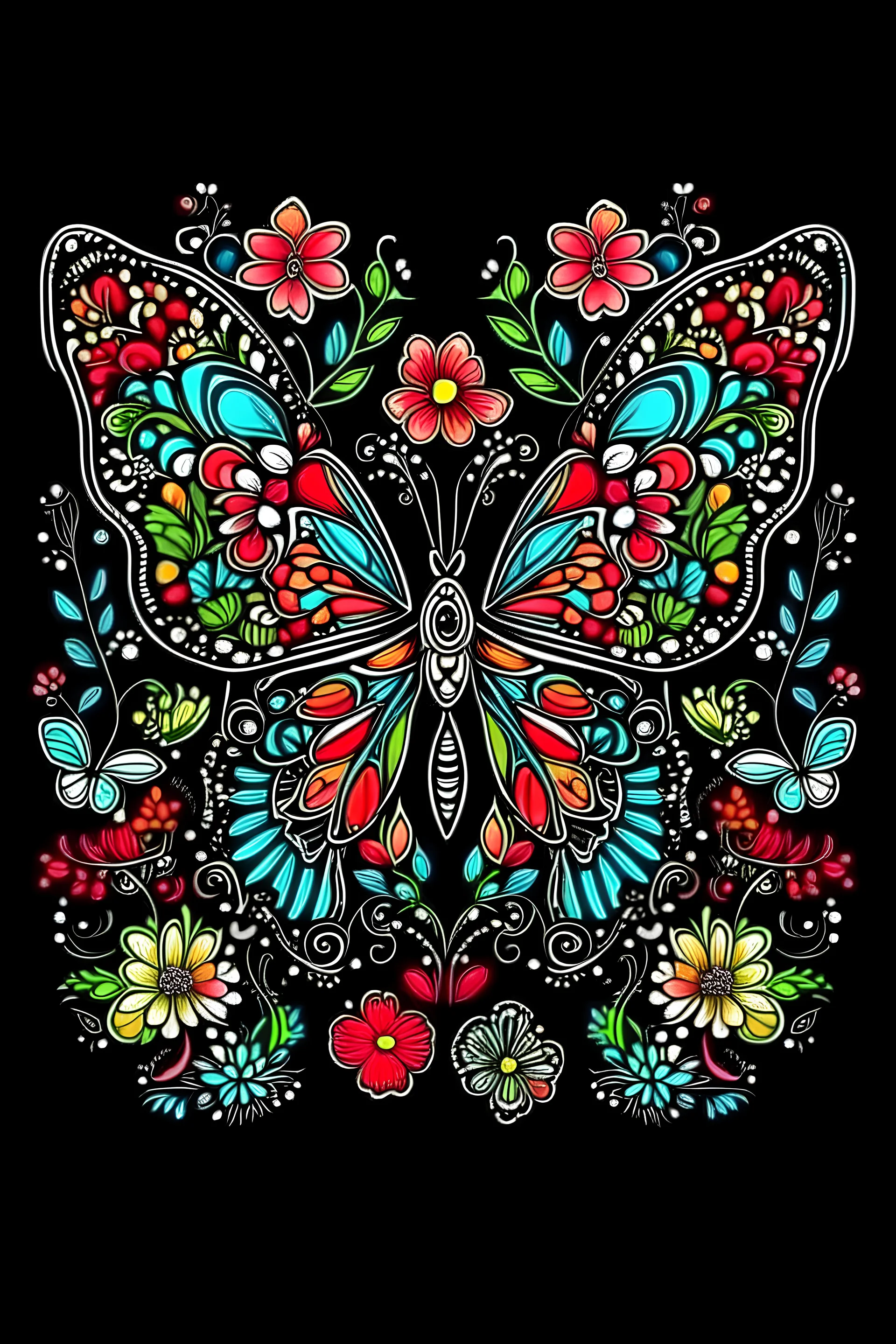 the cover for coloring book ,Easy Patterns , butterflys with flowers ,color , black background , style mandala