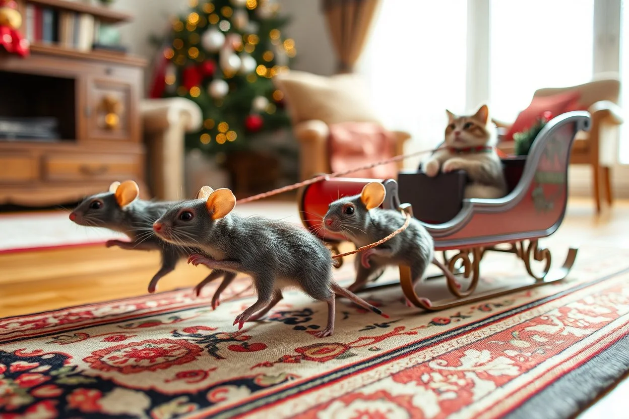 A high-resolution, high shutter speed photograph, kinetic, a toy sleigh being pulled by gray mice across an oriental run in a living room, cat sitting in a sleigh holding a whip, sharp focus, blurred background,