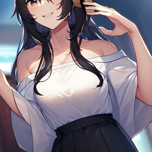 Clear focus, High resolution, a anime adult, cute, cartoony style, smiling, hair between eyes, holding a pencil, small forhead, female, medium length hair, long locks, lots of bangs, teacher, wearing a off shoulder shirt