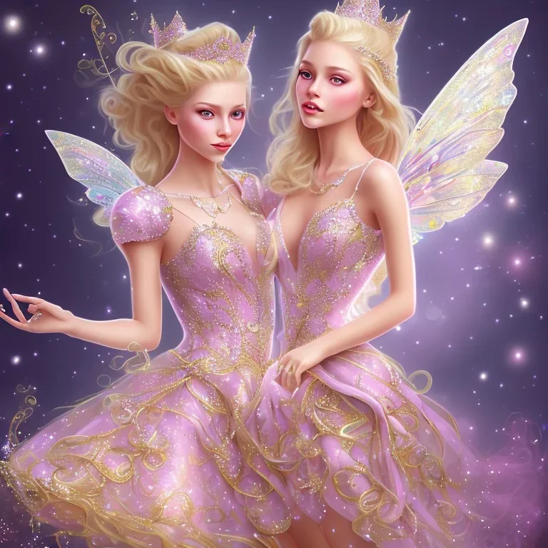 blond beautiful princess fairy with sparkle dress with pink castle background