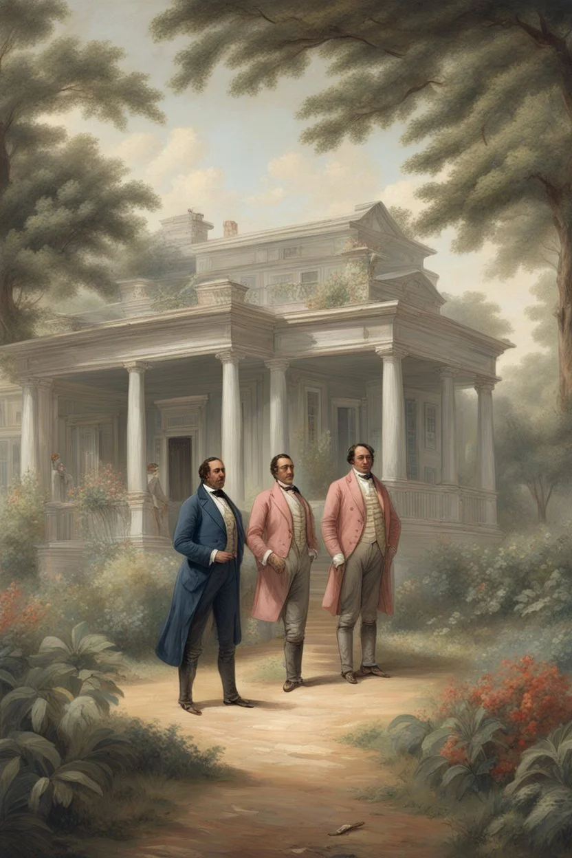 Illustrate a grand plantation setting in the 1800s, with Isaac Franklin and John Armfield as wealthy slave owners. Highlight their opulent lifestyle and the beginning of their partnership.