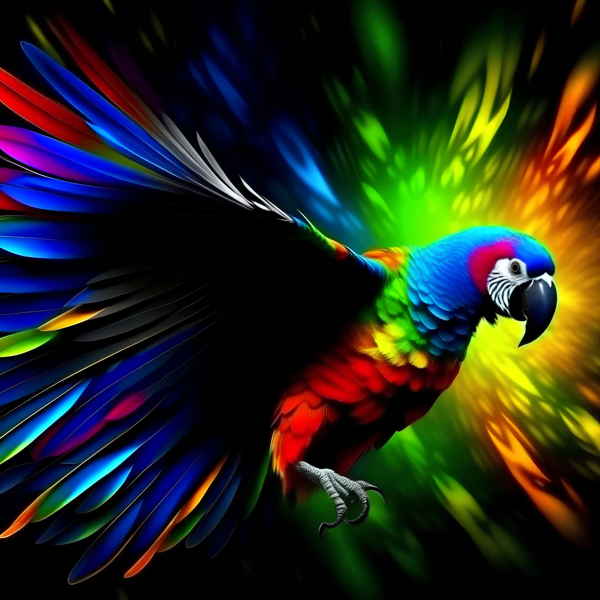 Flying colorful parrot takes me to my dream land, fractal recrusive whimsical stylized gothic realistic colorful dreamy scene