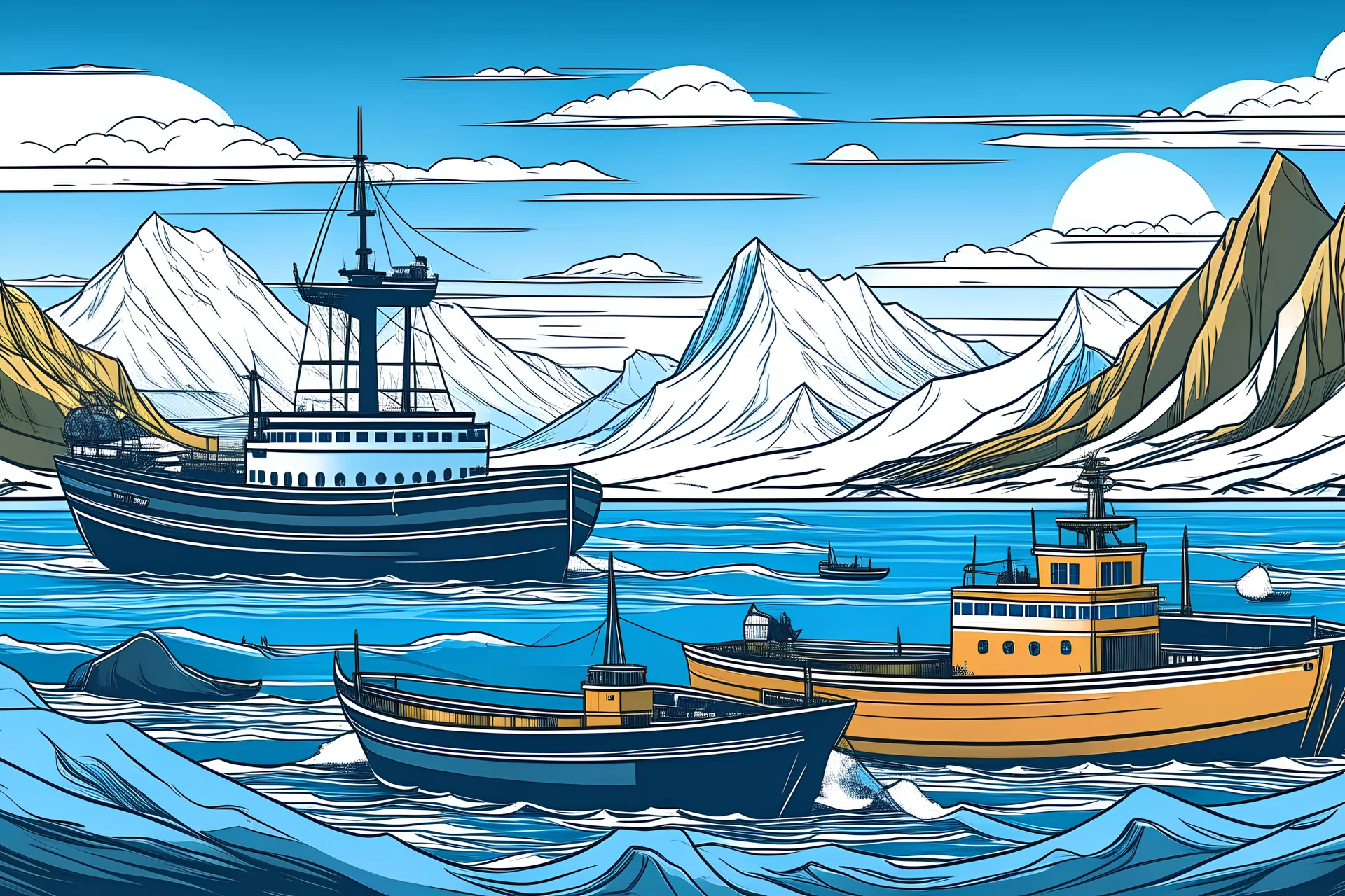 marine ecosystem Atlantic cod Iceland mountains three fishing ships cartoon