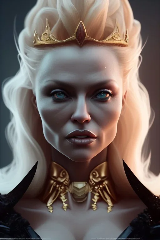 Pamela Anderson as evil queen in black leather, leather, busty, cleavage, angry, stern look. character design by cory loftis, fenghua zhong, ryohei hase, ismail inceoglu and ruan jia. unreal engine 5, artistic lighting, highly detailed, photorealistic, fantasy