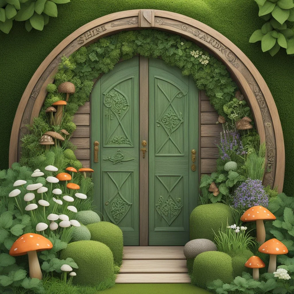 This design captures the enchanting spirit of a hobbit-inspired garden haven. At its heart lies a round wooden door nestled in lush greenery, framed by blooming flowers, mushrooms, and carrots, symbols of nature’s abundance. The textured lettering of “SHIRE GARDEN CLUB” evokes rustic charm, while the symmetrical floral motifs add a touch of elegance. The muted green palette and intricate detailing create a nostalgic, storybook feel, perfect for fans of cozy countryside aesthetics and fantasy w