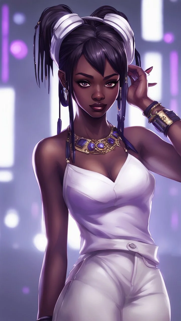 arcane tv show style, league of legends, solo, 1girl, attractive teenager, african, dark skin, dark-brown eyes, black hair, pair buns, violet strands of forehead bangs, necklace, earrings, modern makeup, (detailed skin texture), white oversize shirt