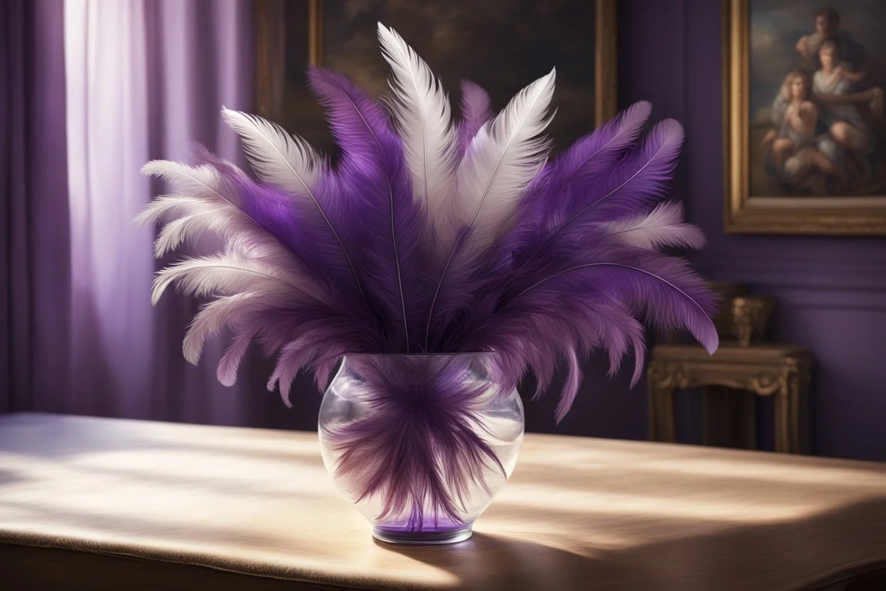 a beautiful, lifelike feather bouquet in purple with a lifelike eye in the centre in a beautifu vase in an elegant room S<AI Nikon D850 highly detailed digital painting sharp focus elegant intricate photorealistic 4k very attractive beautiful dynamic lighting award winning fantastic view crisp quality Unreal Engine very cute cinematic postprocessing acrylic art in sunshine