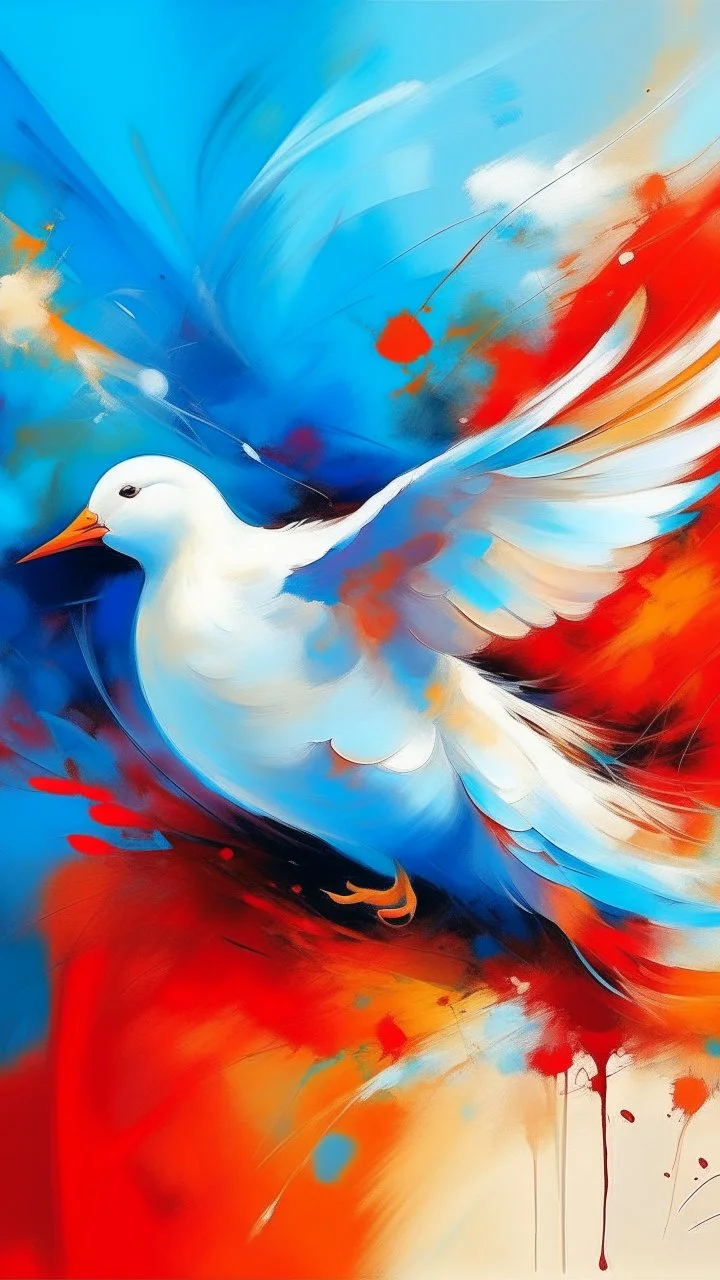 abstract painting of a white dove in bold red, orange, and blue tones, dynamic brush strokes, ocean background hinted through color layers, expressive and elegant modern art, oil paint texture, --ar 4:5 --v 6 --style raw --quality 2