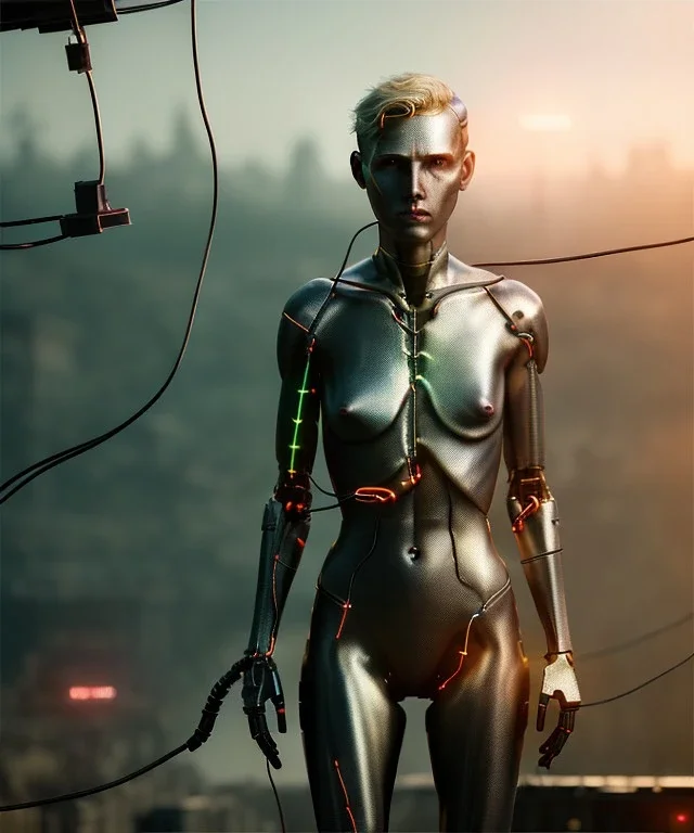 Ultra realistic photographic night portrait, cinematic, naked, blonde hair <sexy woman> <hanging wires> many wires coming out of the head <perfect pupil> <cyborg> <garage> <wide angle Shot> <sci-fi futuristic> <thriller>, fog, soft color, highly detailed, unreal engine 5, ray tracing, RTX, lumen lighting, ultra detail, volumetric lighting, high definition.