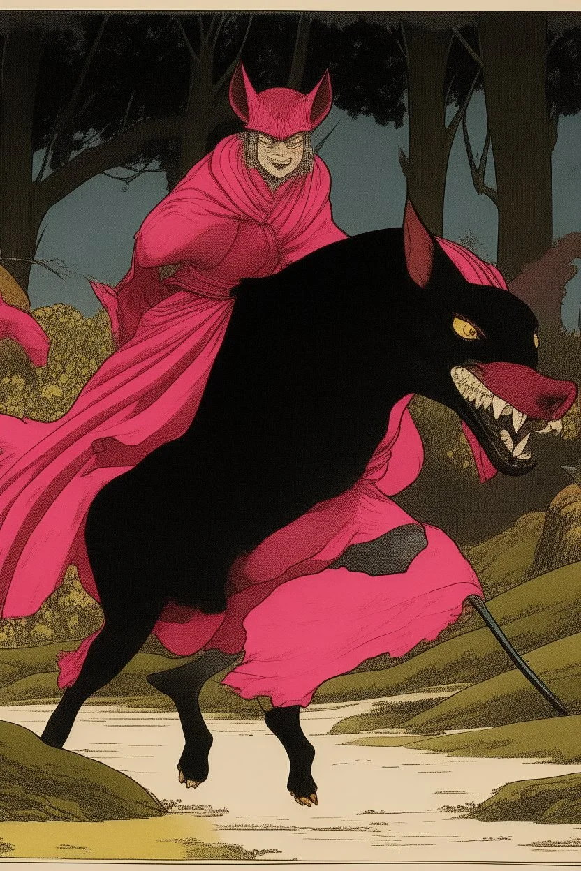 batman adult wearing a bright pink tutu, running away from wild boars. Samurai aesthetics poster 1900.