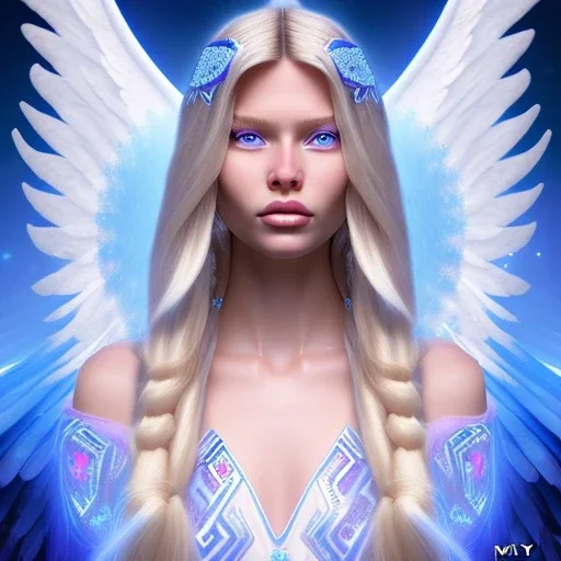 portrait of a beautiful aztecan woman with an angel face smiling,long blond hair, blue eyes, pink and blue dress, jewels, soft light aura