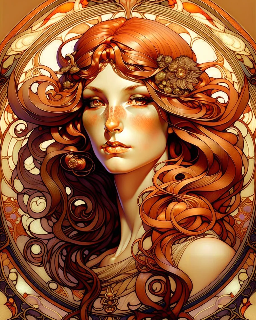 Tile hair, flaming lips, eyes seeking eternity, leader of the witch community, coppery tresses tumbled about her face, tremendous facial anatomy, meaningful beautiful brown eyes, wavy purplish hair, one third rule, trending on top of Art station, by Alphonse Mucha"