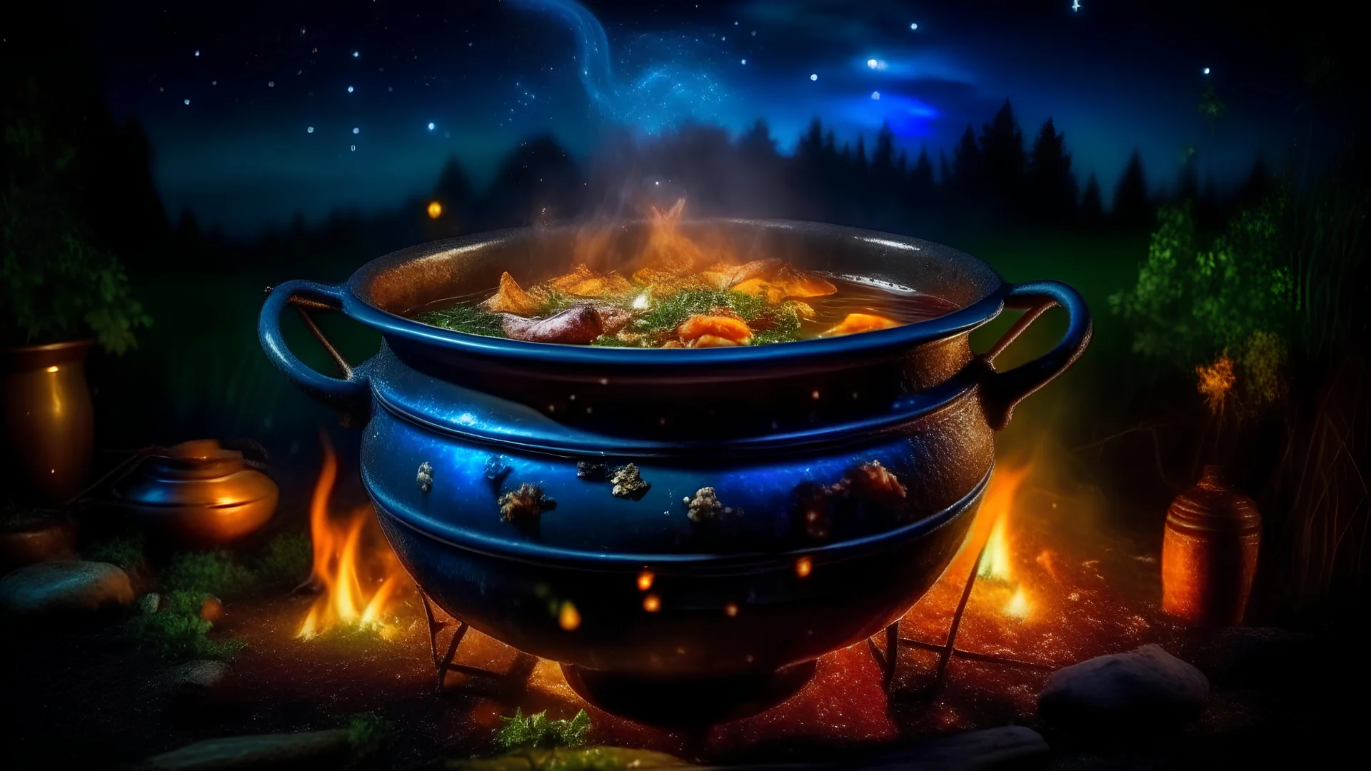 delicious stew bubbling in a cauldron suspended over heat, outside, night, stars, moon, fireflies, award-winning photograph, beautiful composition, exquisite detail and illumination