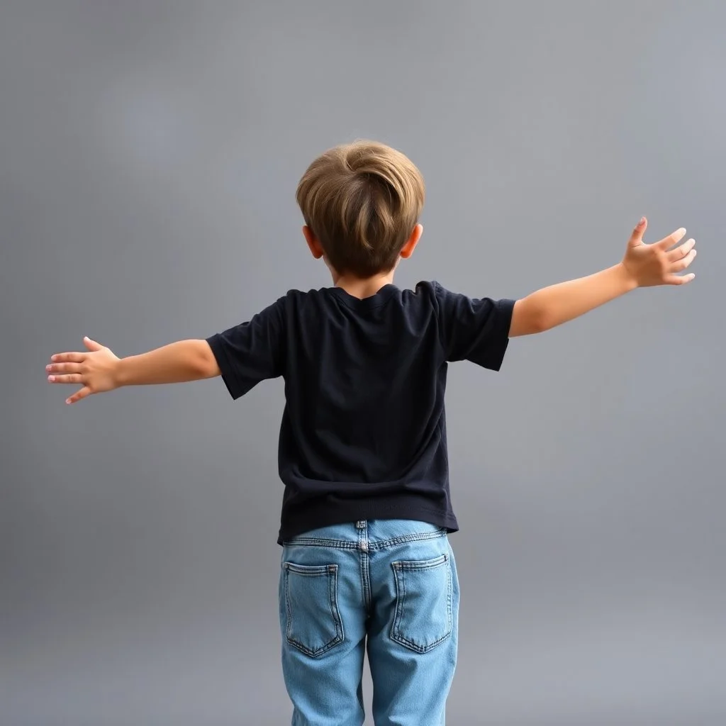 15 year old boy from behind with arms extended slightly down