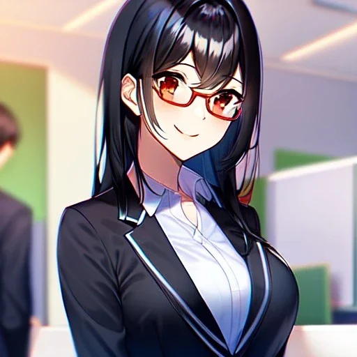 Clear focus, 8k, high quality, detailed, beautiful lighting, girl, vibrant colors, black hair, vibrant red eyes, office clothes, red glasses, smile