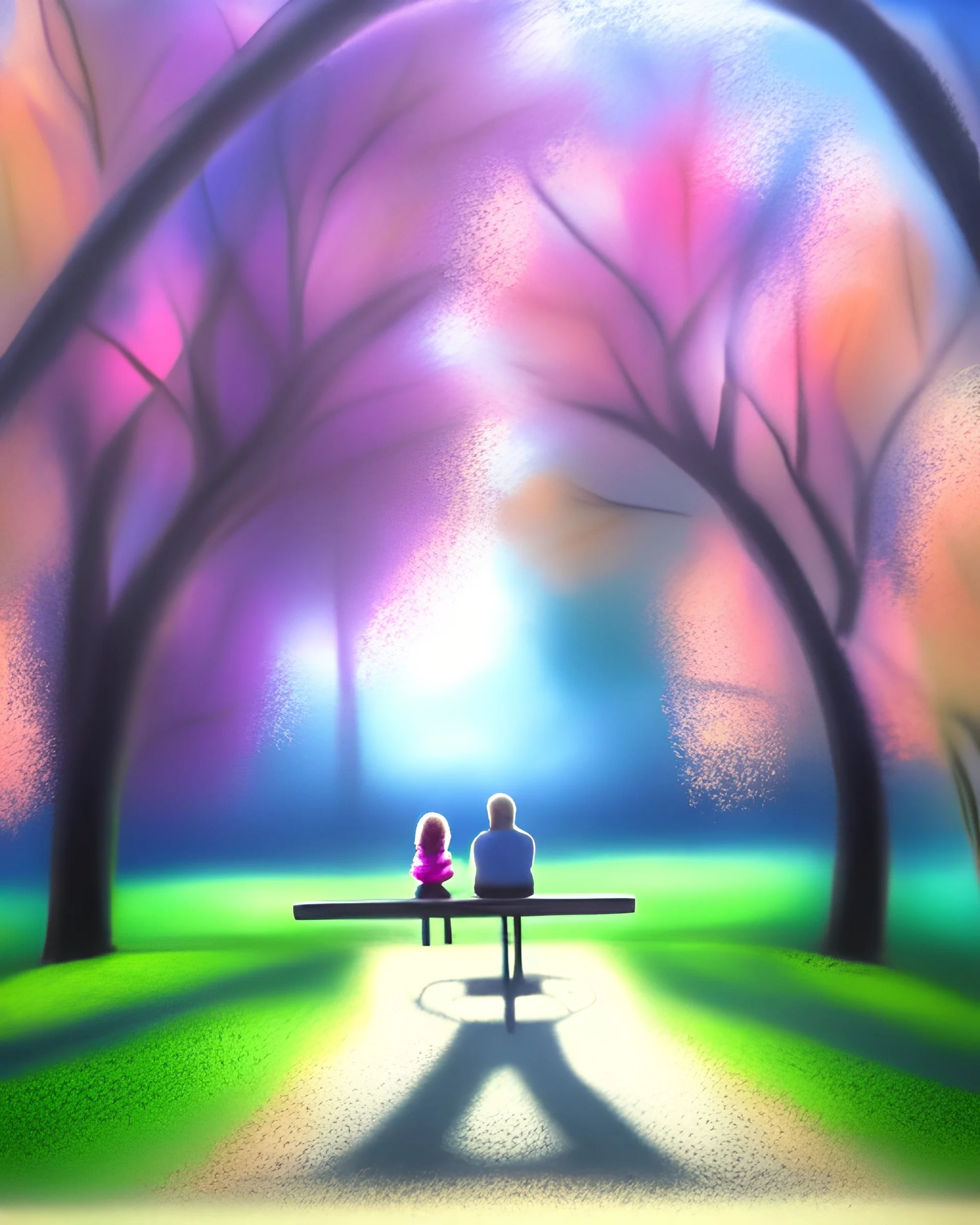 park mystical dream, park bench, man, woman, child, dog, trees, path, bird, sunshine, mystical, fantasy, romanticism, pastel colors, daylight, daytime, acrylic painting, detailed, soft focus,