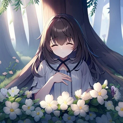 anime girl sleeping in a field of flowers, under a weeping willow tree