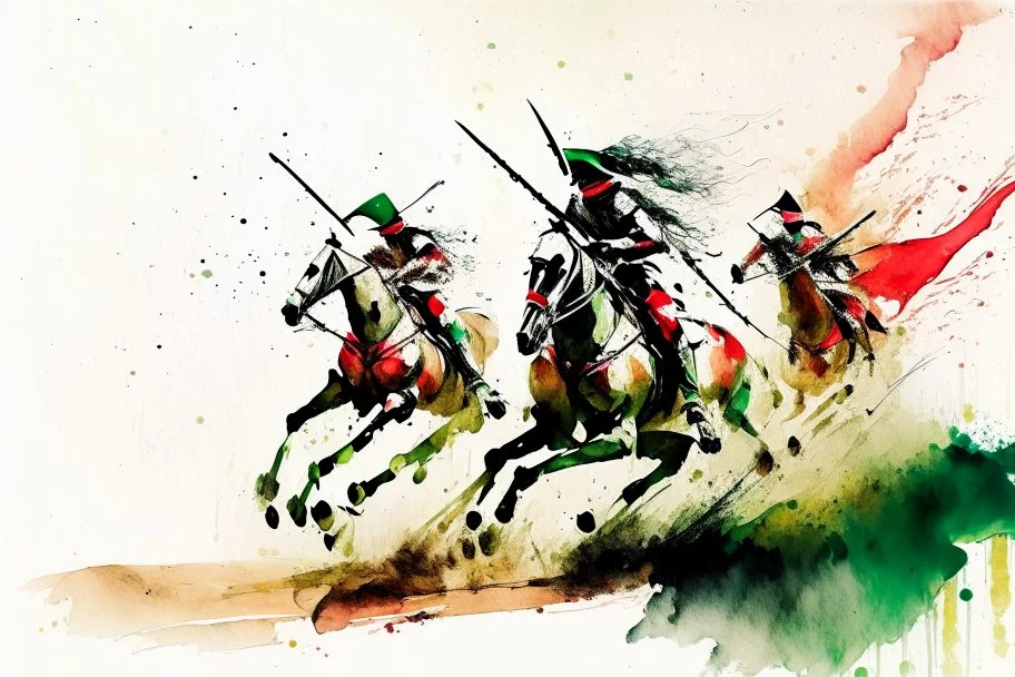 Hun Arrow Crossers riding fast on horseback, scorched earth, thunderstorm, red, white, green, dinamic, watercolor splash