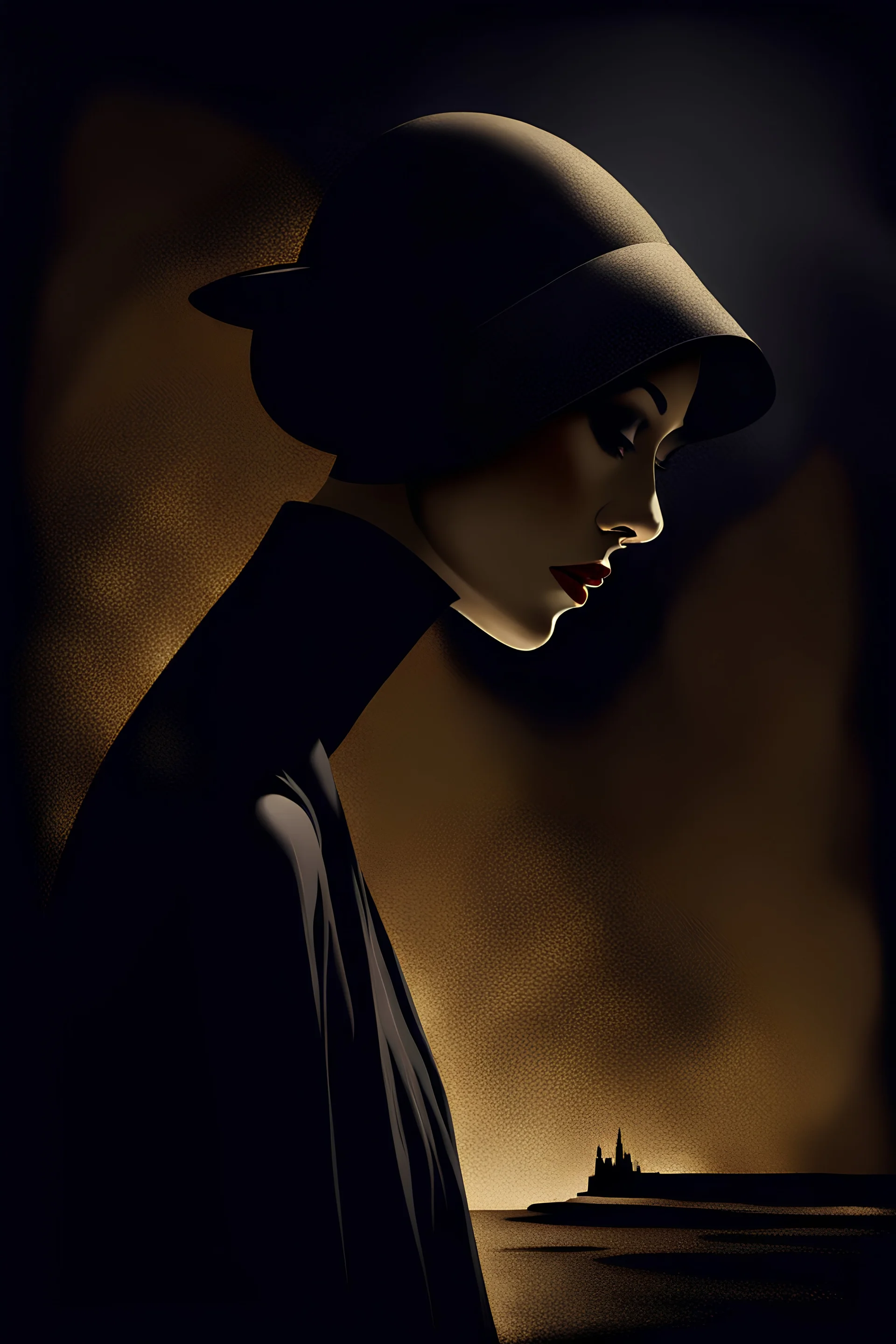 bauhaus minimalism, deep rich colors, magic lighting, film noir, obscurity, intrigue, magic lighting. In the mist. amazingly beautiful Elegant fashion woman with shadow. mixed media Painting on deep dark canvas with subtle gold accents. Low angle, a few gold sparkles, beautiful ancient landscape