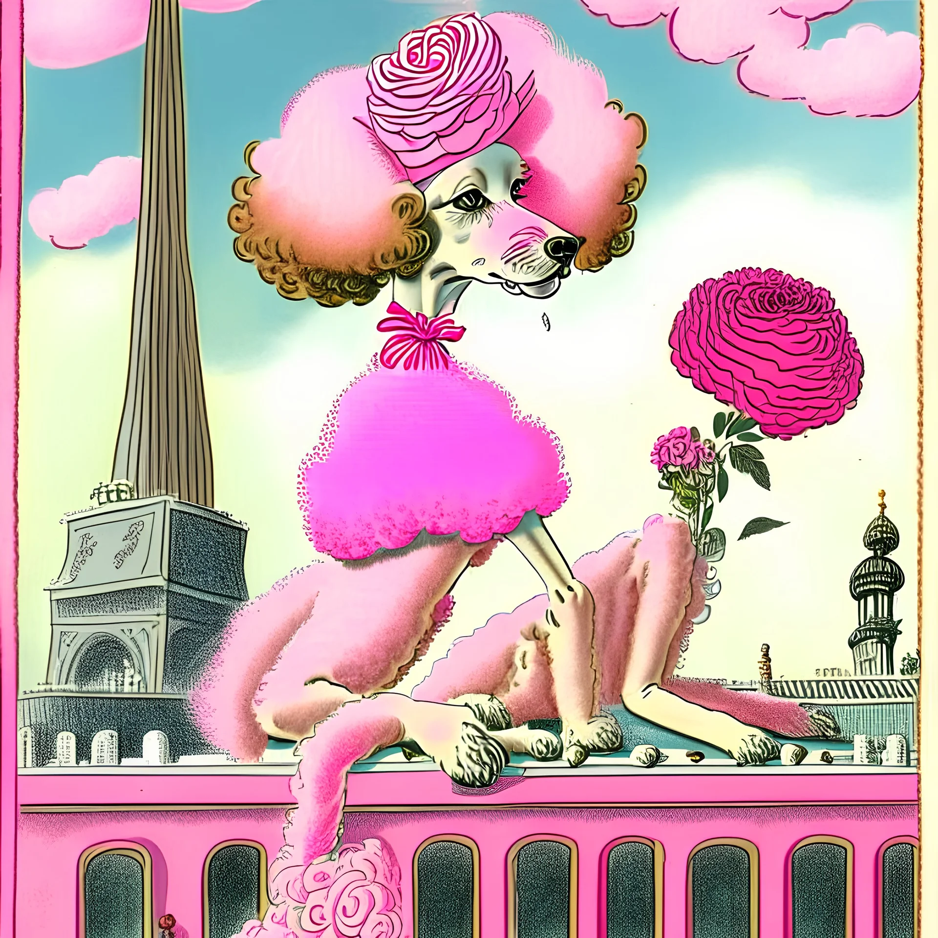 Vintage drawn illustration of a pink pink poodle with roses wearing a beret and smoking a cigarette on the rooftop of the Louvre, french illustration, storybook illustration, aubrey Beardsely, art deco motifs, highly detailed, color pencils, soft, vogue, french cartoon, editorial drawing,