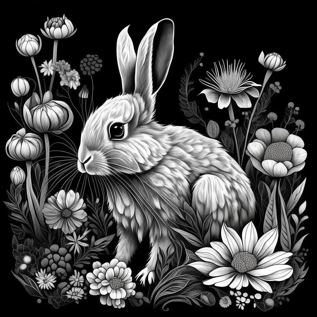 colorless rabbit between seeds and big flowers black background .black and white colors. for a coloring. with grayscale