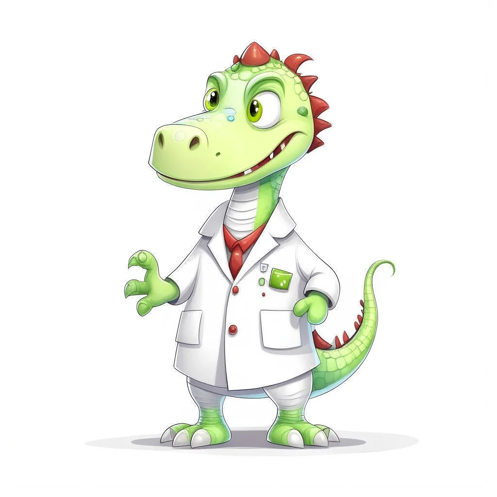 Cartoon illustration for children: Doctosaurus in a white doctor's coat, white background