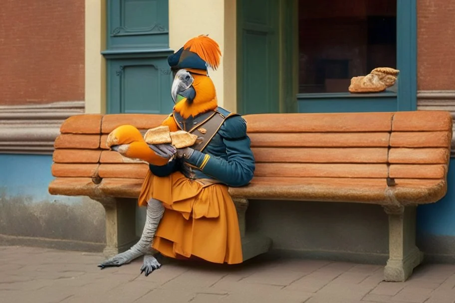 Half parrot half human in a 1700s Orange Dutch uniform siting on a bench in a Dutch city eating a loaf of bread