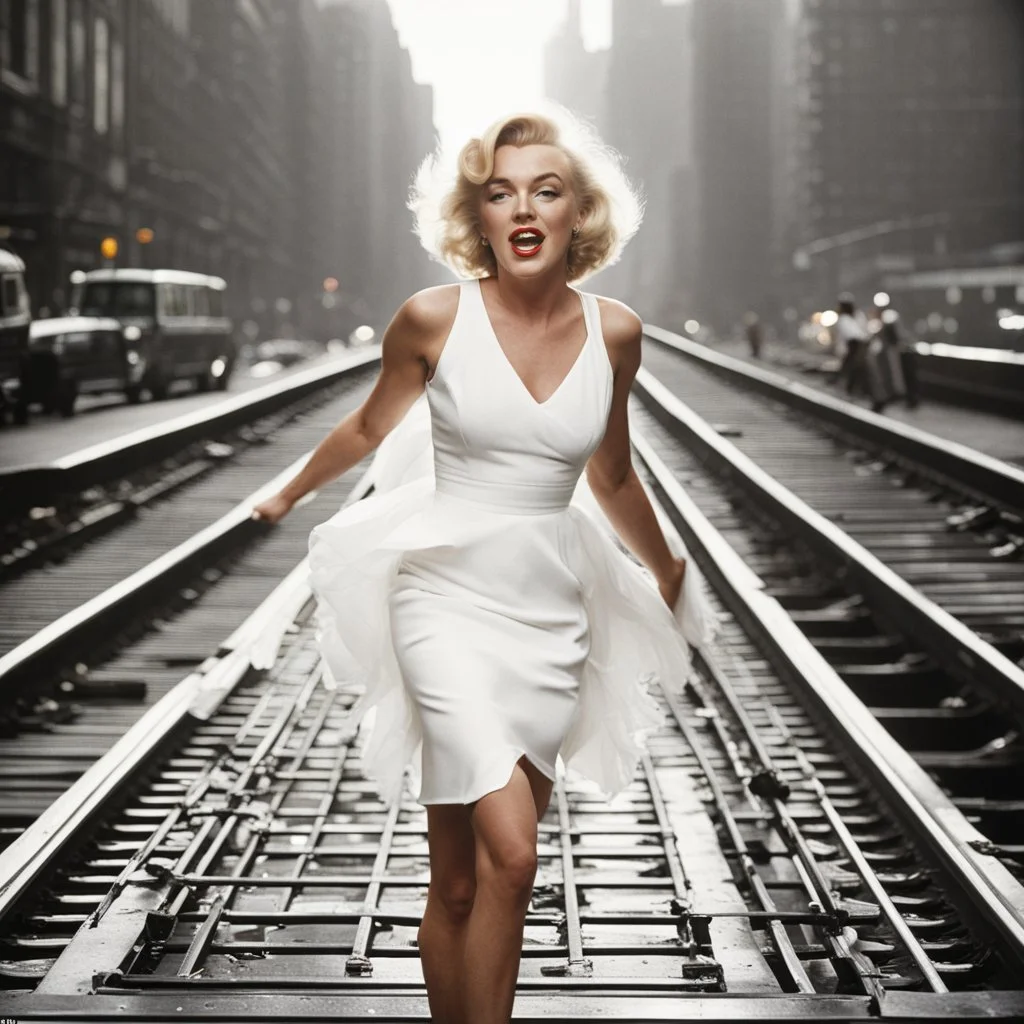 Marilyn Monroe stands on a subway grate in New York City wearing a little white dress and fights an upward breeze