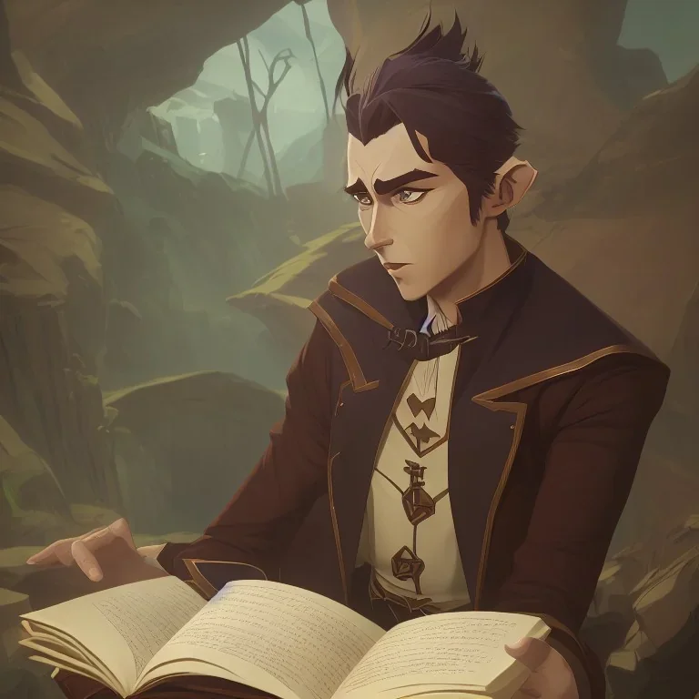 full body shot of calm and collected elf in brown suit reading a pompous book, fantasy character